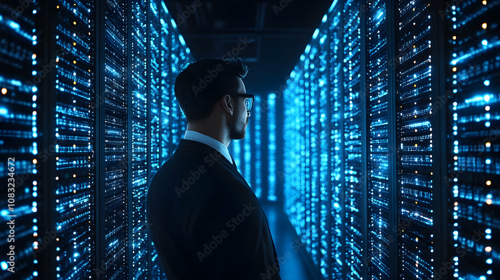 Fototapeta premium A businessman observes glowing data server rows in a modern data center, showcasing technological advancement.