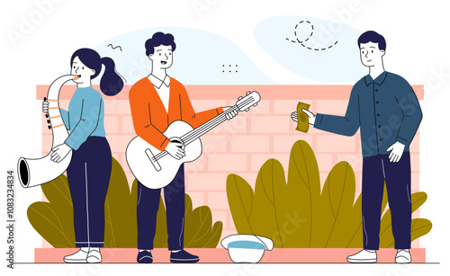 Street musicians performance. Man with guitar and woman with saxophone perform on street. Music, hobbies and leisure. Guitarist and saxophonist outdoors. Linear vector illustration