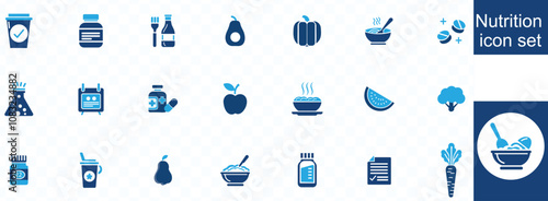 Nutrition icon set. Containing food, vegetables, water, meal planning, fruits, dietary fiber, protein, vitamins, healthy fats and carbohydrate icons. Solid icon collection