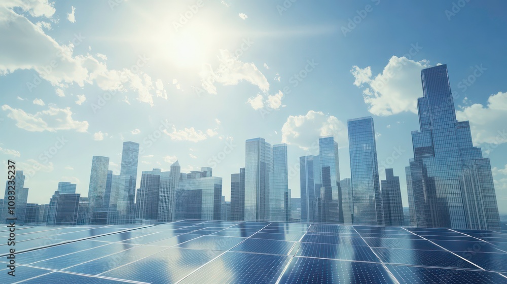 Fototapeta premium Urban skyline with solar panels under bright sky