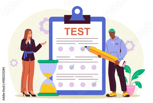 People with test. Woman and man with pencil near pollen. Education and training. Student answers questions. Assessing knowledge or user opinions. Flat vector illustration
