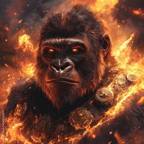 A powerful gorilla with fiery eyes and flames surrounding it, looking intensely at the viewer. photo