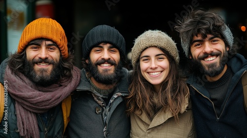 Four friends stand closely together, wearing warm winter hats and scarves, smiling joyfully during a sunny day in an urban setting. Their cheerful expressions reflect friendship photo