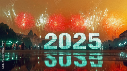 New Year's Eve Fireworks: A stunning display of fireworks illuminates the night sky above a city square, with giant luminous numbers 2025 reflecting in a wet pavement after a rain shower.