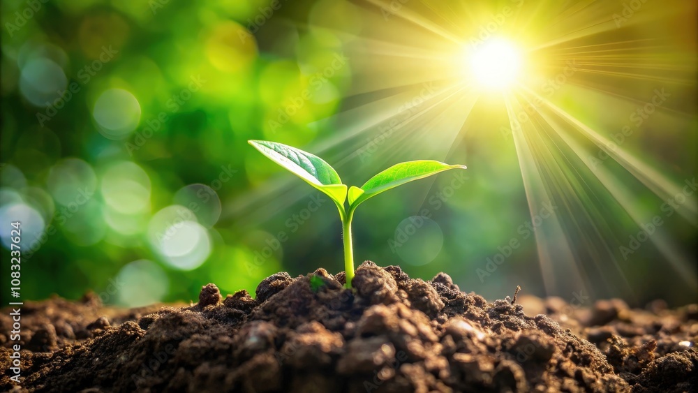 Fototapeta premium A young sprout reaches for the sun, basking in the warmth of a golden sunrise, a testament to the enduring power of life and the potential for growth.