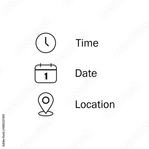 Date, time, location icon in flat style. Event message vector illustration on isolated background. Information sign business concept.