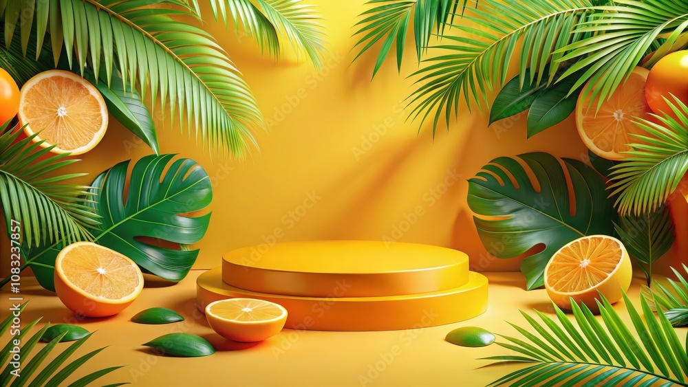 Obraz premium A vibrant summer scene with a yellow platform and lush tropical foliage, featuring halved oranges, green leaves, and a sunny backdrop.