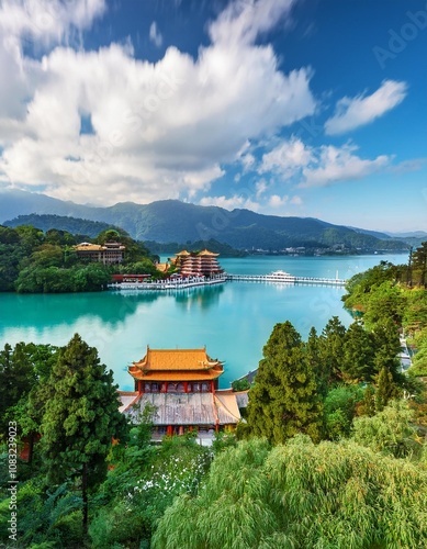 The Tranquil Sun Moon Lake Surrounded by Forested Hills and Traditional Temples, a Popular Tourist Destination That Combines Taiwan’s Natural Beauty With Rich Cultural and Religious Heritage photo