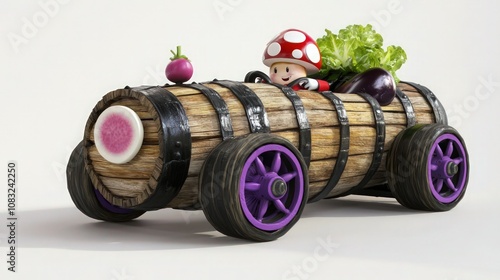 Mushroom character driving a wooden barrel kart with vegetables on a plain white background.