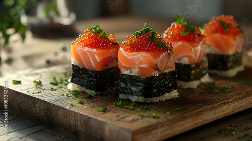 Wallpaper Mural Close-up of Gourmet Salmon Sushi Cubes Topped with Red Caviar, artfully arranged on a rustic wooden board, garnished with fresh herbs, a delectable culinary image. Torontodigital.ca