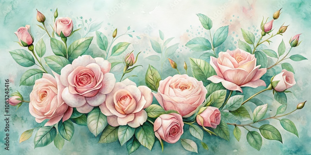 Fototapeta A delicate watercolor painting of pink roses and green foliage on a light blue background