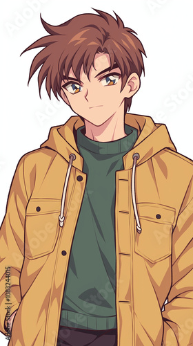 Anime Boy in a Stylish Mustard Jacket photo