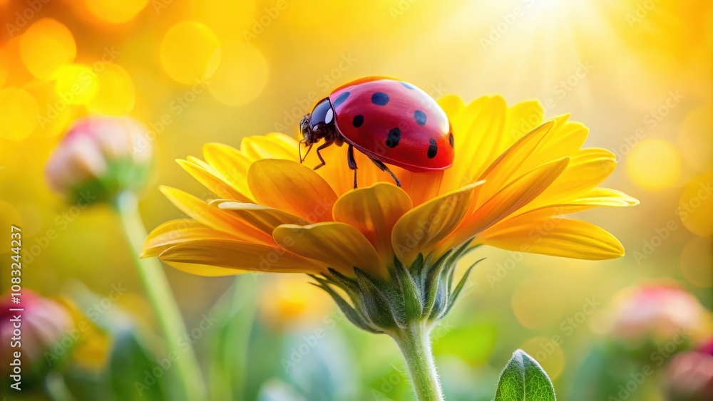 Fototapeta premium A vibrant ladybug perched on a delicate yellow flower, bathed in soft sunlight, creating a scene of summer serenity.