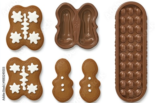 Set of gingerbread cookie cutters and molds with finished cookies. photo