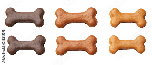 A variety of dog-shaped treats in different colors, designed for canine snacks. These bone-shaped biscuits are meant to be a tasty reward for dogs. photo