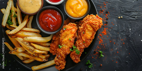 Crispy golden chicken tenders with honey mustard, buffalo sauce, and crispy fries on the side