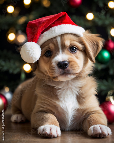 Adorable puppy wearing a Santa hat rests happily in front of a decorated Christmas tree with festive lights glowing brightly