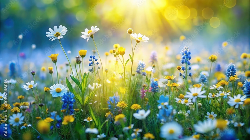 Fototapeta premium A Vibrant Wildflower Meadow Bathed in Golden Sunlight, a Tapestry of Delicate White, Yellow, and Blue Blooms