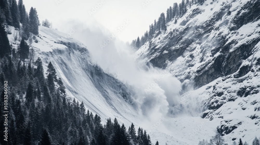 Obraz premium A dramatic capture of a massive avalanche cascading down a steep mountain face in the Rocky Mountains, Rocky Mountain avalanche scene, Dramatic style