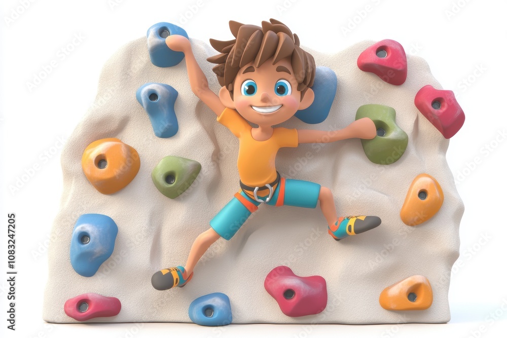 Fototapeta premium Child climbing on a colorful rock wall, energetic expression, white isolate background.