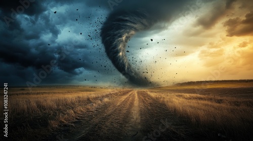 A dramatic capture of a powerful tornado touching down in a flatland prairie landscape during a storm, Tornado touchdown scene, Dramatic style photo