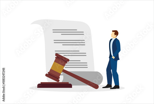 Legal document, attorney or court professional office, law and judgment approval paper concept, mature lawyer holding legal document with a gavel hammer symbol of court or judgement.