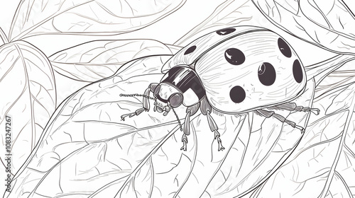 Artistic Line Drawing of Ladybug on Leaf