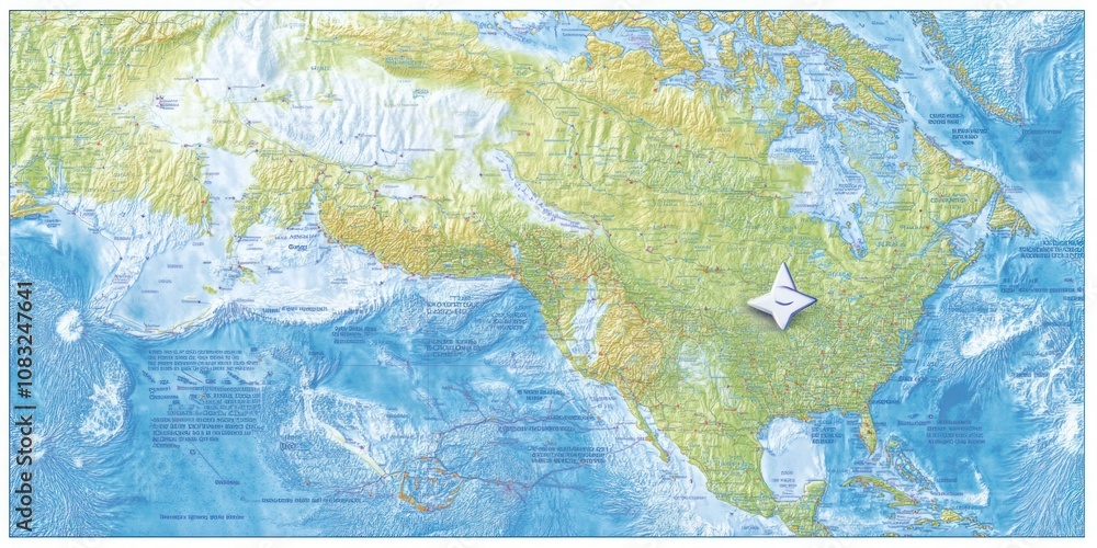 Fototapeta premium A topographic map of North America showing geographical features and elevations.