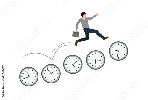time management technique. Set the time to rush. businessman walking on clock time group. self discipline, time discipline. task deadline, flat vector illustration on a white background.