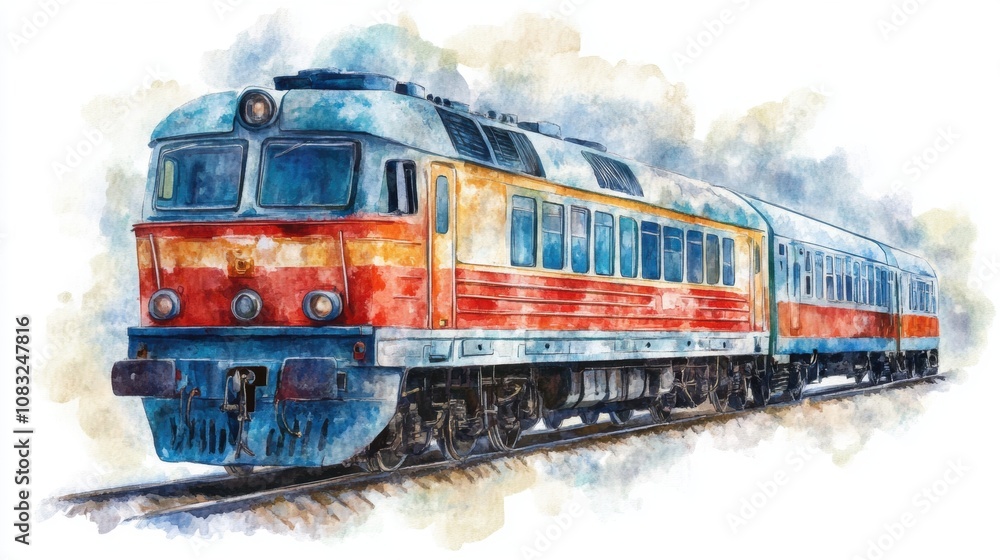 Fototapeta premium Watercolor train rail track, colorful artistic depiction.