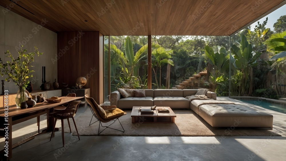 Fototapeta premium AI-generated Modern House Living Room, featuring minimalist luxury resort style with sleek design, warm materials, and a serene, inviting atmosphere blending modern elegance and natural harmony
