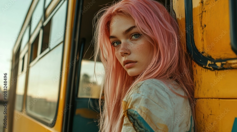 Fototapeta premium Young woman with pink hair near a yellow bus