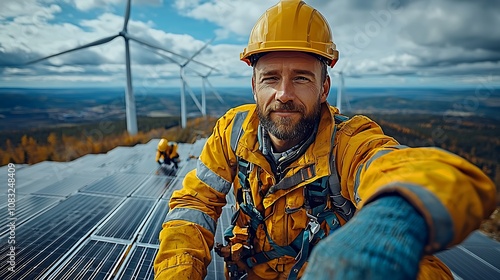 A technician in a yellow helmet works on solar panels with wind turbines in the background, showcasing renewable energy efforts and sustainable technology.