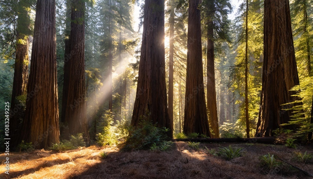 Obraz premium Towering Redwood Trees Reaching Up to the Sky, Casting Long Shadows Across the Forest Floor, as the Early Morning Light Filters Through the Canopy Creating a Serene Scene