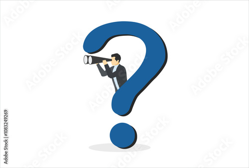 Curios businessman with huge question mark look through binoculars to search for new business idea, curiosity explore unknown, search for solution, new business opportunity, seek for success