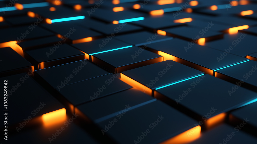 Fototapeta premium Futuristic black cubes glowing with orange and blue neon lights