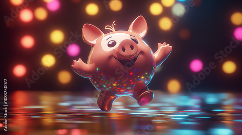 Happy shiny pig character dancing on colorful bokeh background