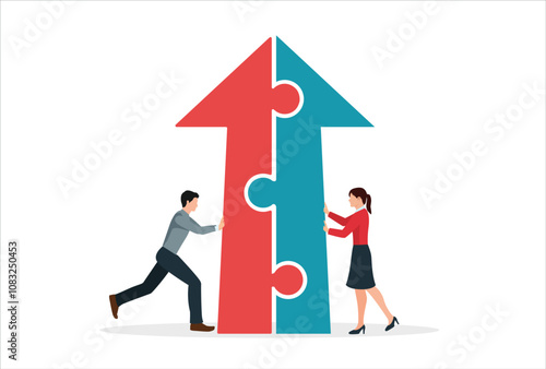 Merger and Acquisitions, partnership or work together, success puzzle, growth solution or cooperation, support or progress challenge concept, business people push arrow jigsaw to join to success.