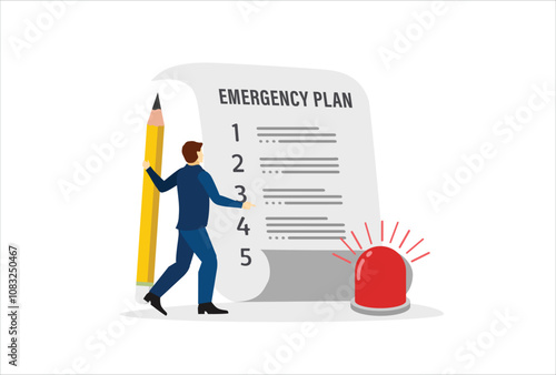 Business emergency plan concept, checklist to do in disaster, continue business and build resilience concept, smart businessman leader holding pencil with emergency plan paper flashing siren.