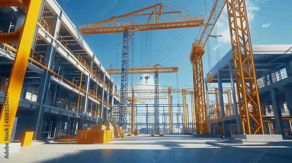Naklejka premium Construction site with multiple cranes and unfinished buildings under a clear sky.