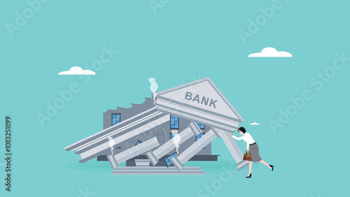 banking collapse concept illustration, financial crisis, ruined bank concept, bankruptcy, frustrated businesswoman look at collapsing bank building concept modern vector illustration in flat style