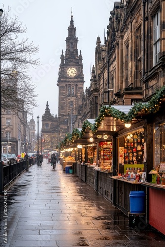 A bustling christmas market filled with nostalgic stalls selling holiday treats
