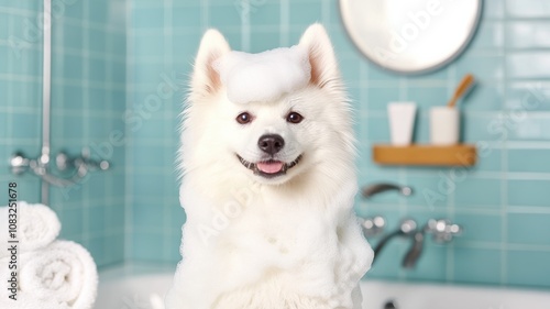 A cute white dog with bubbles in a modern bathroom setting.