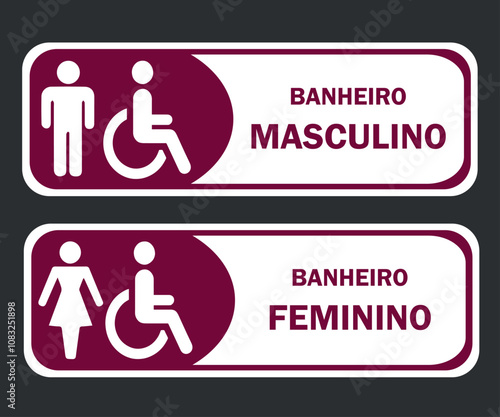 Placas para Banheiro Retangular, Masculino e Feminino. Nos tons Grená e Branco.