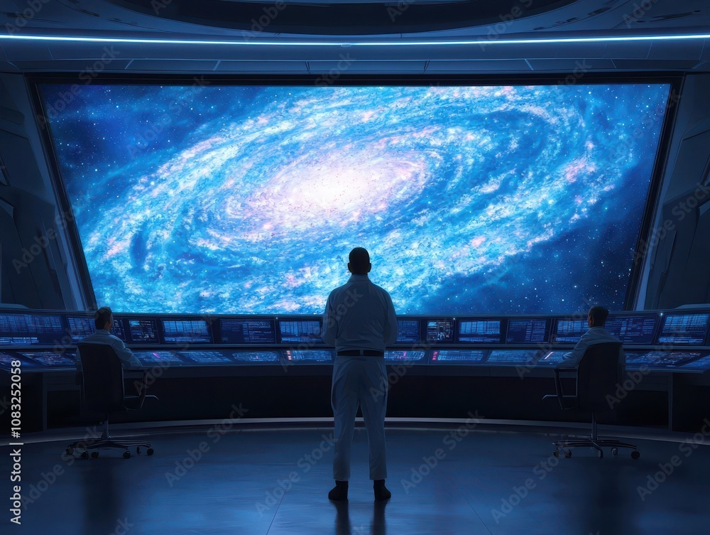 Fototapeta premium Observing cosmic wonders space station digital art futuristic environment wide angle astronomy exploration
