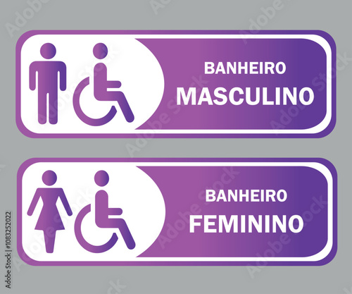 Placas para Banheiro Retangular, Masculino e Feminino. Nas Cores Branca e Roxo Gradiente.