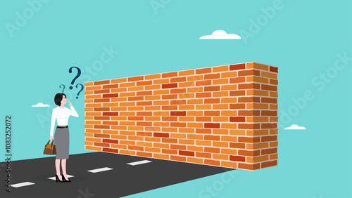 business obstacle and barrier concept, businesswoman facing the wall concept illustration, Businesswoman Stand with Dizzy Head front of High Brick Wall Face Difficulty on Way to Goal Achievement