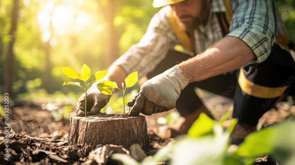 Fototapeta premium A gardener plants saplings in a serene forest environment.
