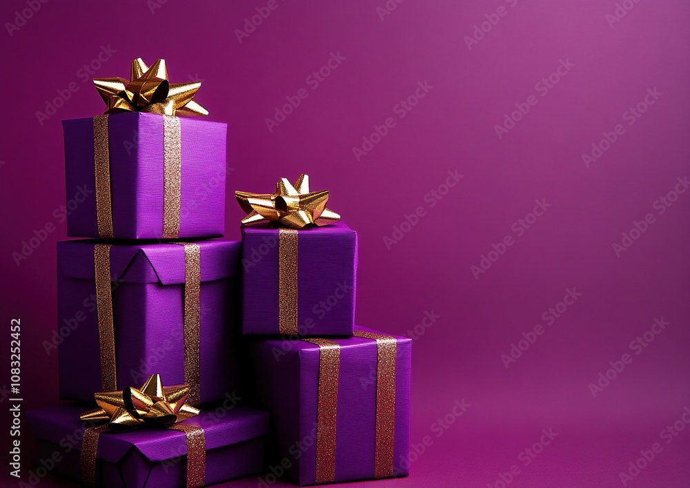 Fototapeta premium Purple Gift Boxes with Gold Bows on Magenta Background