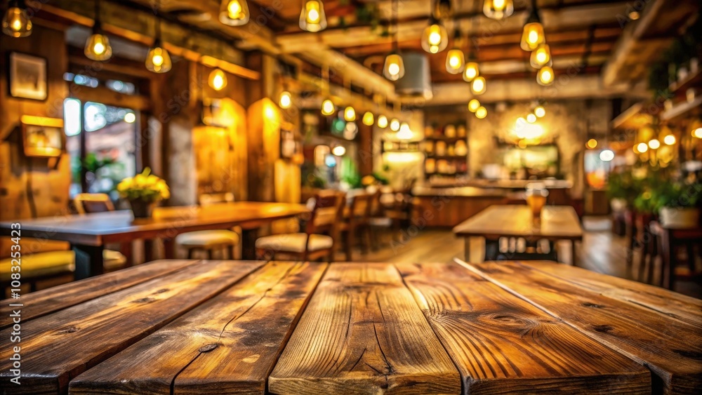 Fototapeta premium Rustic wooden table surface with blurred background of a cozy cafe with warm lighting and rustic decor